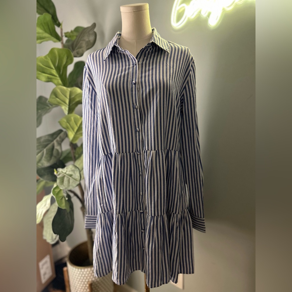 Aqua Navy and White Striped Long Sleeve Mini Dress